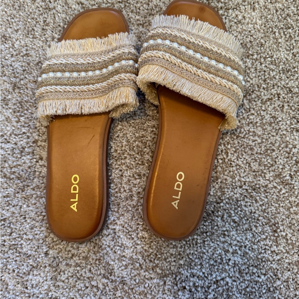 Aldo Beige Fringe Slide Sandals
